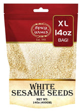Spicy World white sesame seeds front view in bag, ideal pantry staple for baking and toppings
