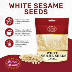 Spicy World white sesame seeds close-up showing raw, hulled grains ideal for baking