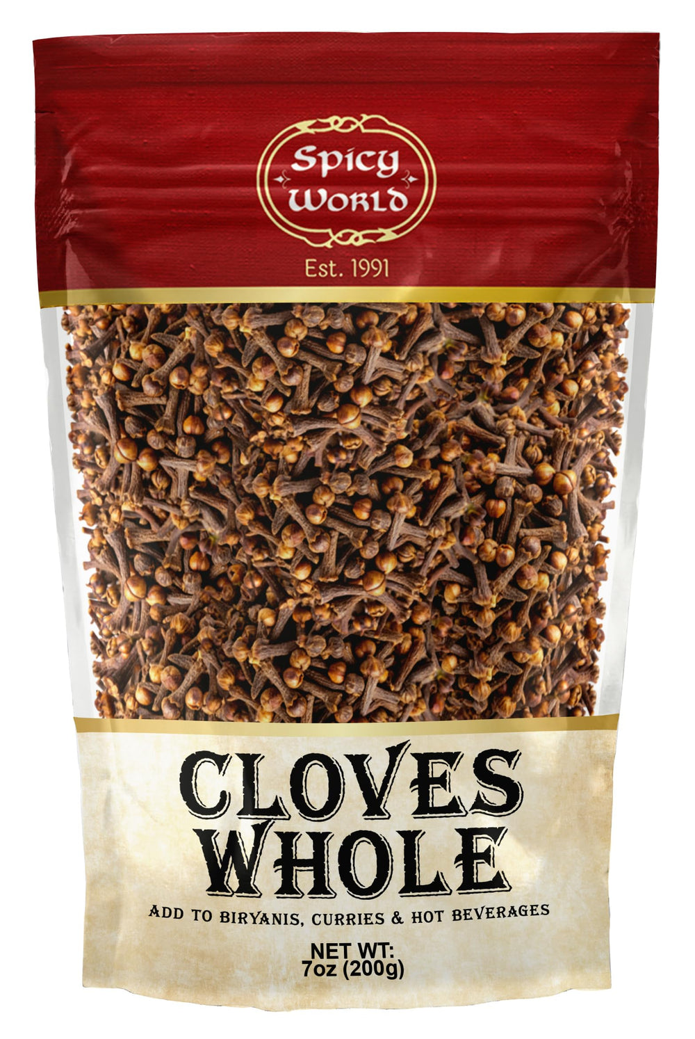 Spicy World whole cloves in 7 oz bag front view for cooking and fragrance