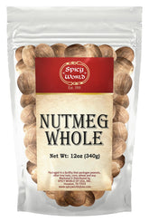 Spicy World Whole Nutmeg 12oz bag emphasizes ultra-fresh aroma for home grinding.