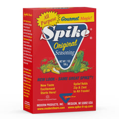 Spike Original Seasoning Salt label highlighting vegan, gluten-free, no added MSG.