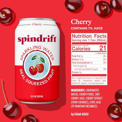 Closeup of Spindrift Cherry label highlighting real fruit, not concentrate.