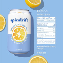 Close-up of the Spindrift Lemon label highlighting real squeezed lemons.