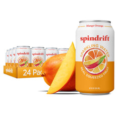 Spindrift Mango Orange sparkling can close-up showcasing real fruit flavor.