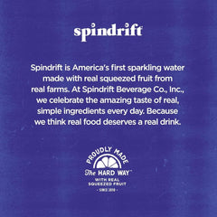 Spindrift twelve-ounce can label detail reveals real ingredients