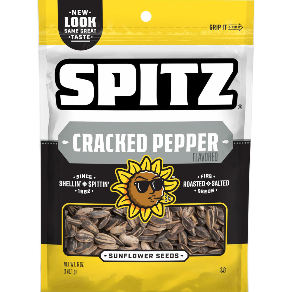 Spitz cracked pepper sunflower seeds bag close-up for bold, on-the-go snacking.