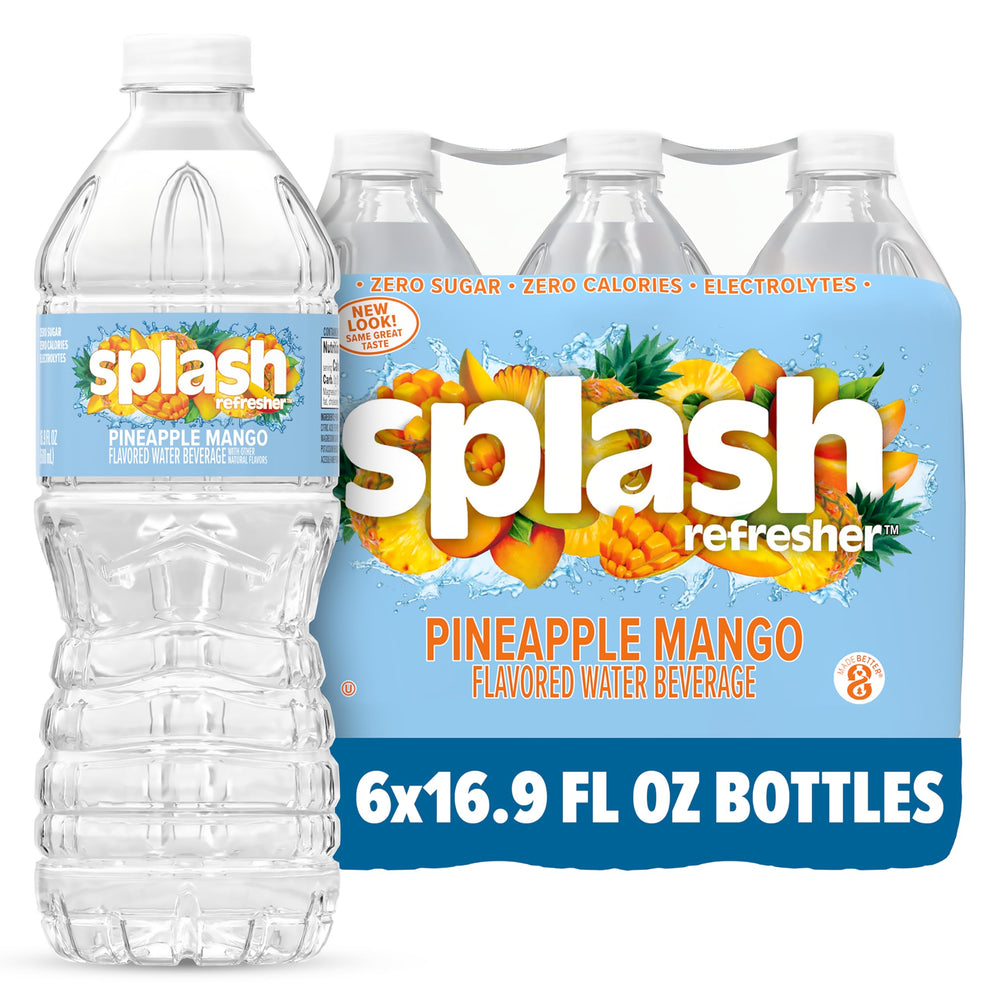 Splash Refresher Pineapple Mango bottle 6-pack on shelves offers zero-calorie hydration on the go.