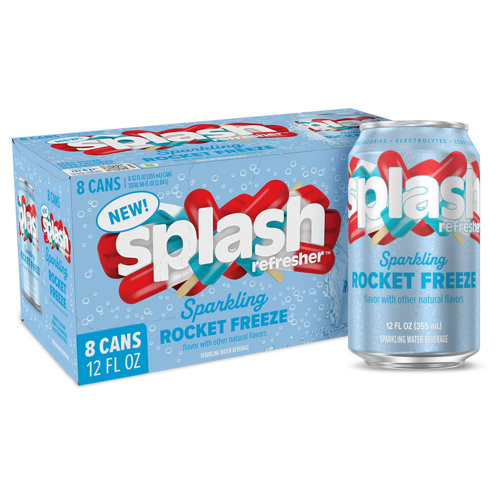 SPLASH REFRESHER Rocket Freeze can front view, vibrant flavor and branding for on-the-go hydration.