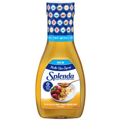 Splenda Allulose Syrup poured over pancakes for zero-calorie breakfast sweetness