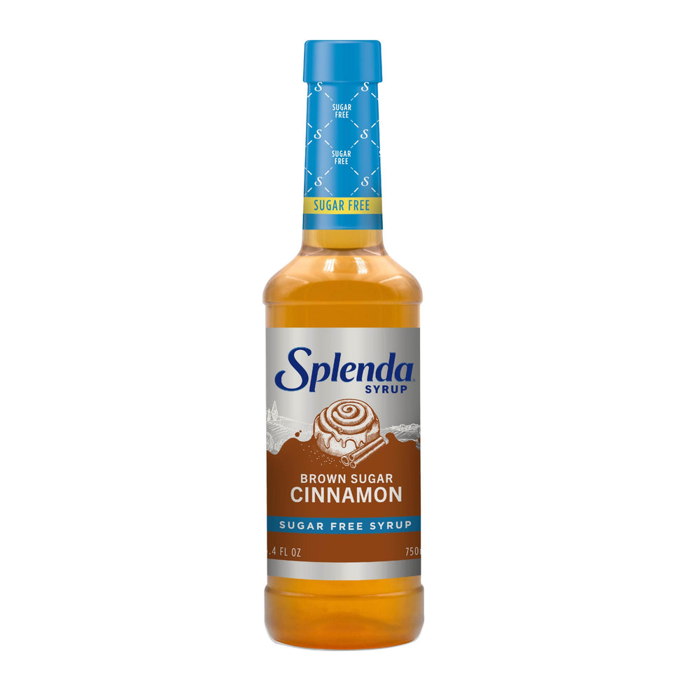 Splenda Coffee Syrup Brown Sugar Cinnamon bottle on counter for sugar-free flavor