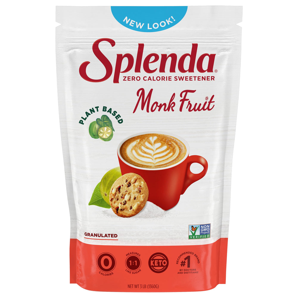 Splenda Monk Fruit Zero Calorie bag front view for cup-for-cup sugar replacement