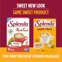 SPLENDA Monk Fruit zero-calorie sweetener used in a beverage to illustrate easy mixing.