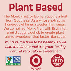 Splenda Monk Fruit Zero Calorie bag beside coffee cup for sweetened beverages