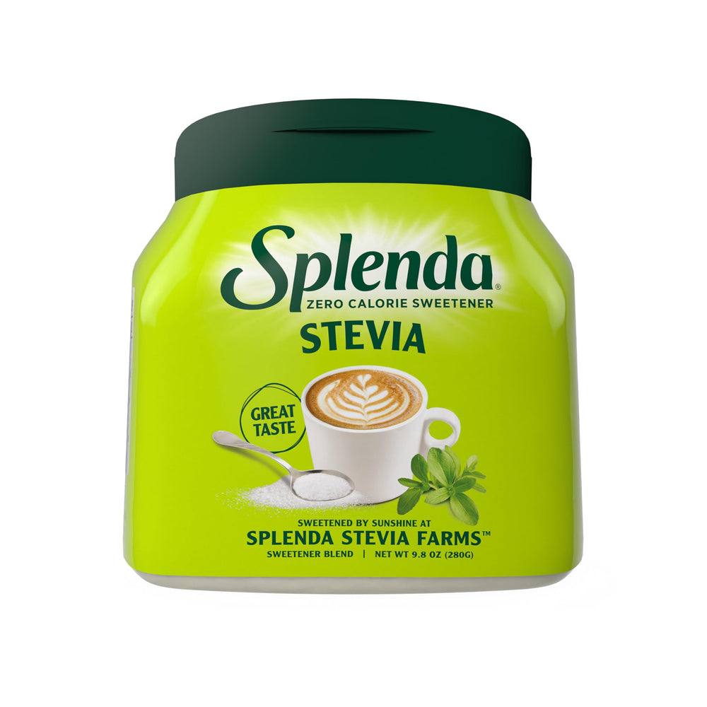 SPLENDA Stevia granulated powder jar shows zero-calorie sweetness for everyday use