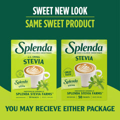 SPLENDA Stevia packets in coffee cup offer zero‑calorie sweetness.