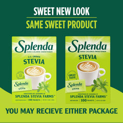 SPLENDA Stevia packets being poured into coffee for balanced sweetness.