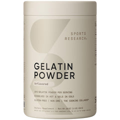 Sports Research Gelatin Collagen powder scoop highlighting protein-rich formula for cooking and baking.