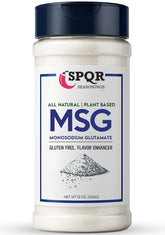 SPQR Seasonings MSG bottle label close-up highlighting premium umami boost for soups.