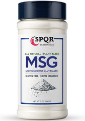 SPQR Seasonings MSG bottle label close-up highlighting premium umami boost for soups.