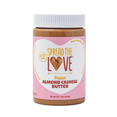 Spread The Love Almond Cashew Power Butter jar showing creamy, simple ingredients