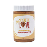 Spread The Love unsalted crunch almond butter jar showcasing clean ingredients and snack-ready convenience.