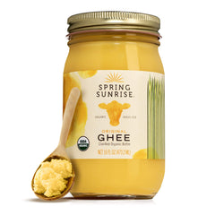 Spring Sunrise Ghee jar shows rich golden color, ideal for high-heat cooking