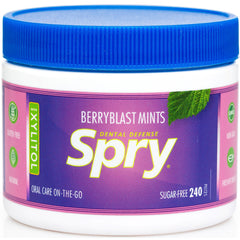 Close-up of Spry Berry Blast Mints with natural berry flavor for fresh breath.