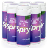 Spry Xylitol Berry Blast Mints pack with 45-count six-pack for daily freshness.