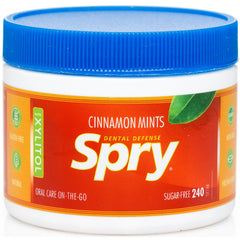 Spry Xylitol Cinnamon Mints box back view with 240 count and non-GMO details