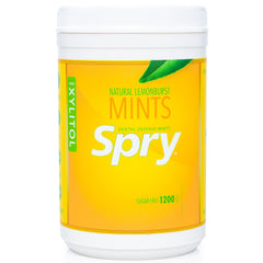 Spry Xylitol Lemon Burst Mints packaging shown for on-the-go freshness
