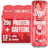 Spylt Strawberry Milk bottle pour highlighting protein and caffeine boost.