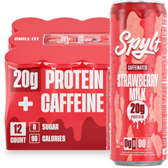 Spylt Strawberry Milk bottle pour highlighting protein and caffeine boost.