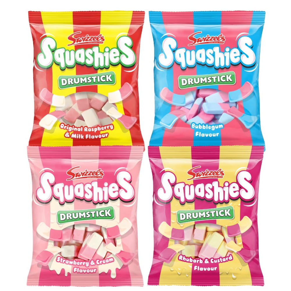 SQUASHIES Classics Bundle four flavours pack showcases creamy raspberry, bubblegum, and tangy rhubarb custard, ideal for sharing.