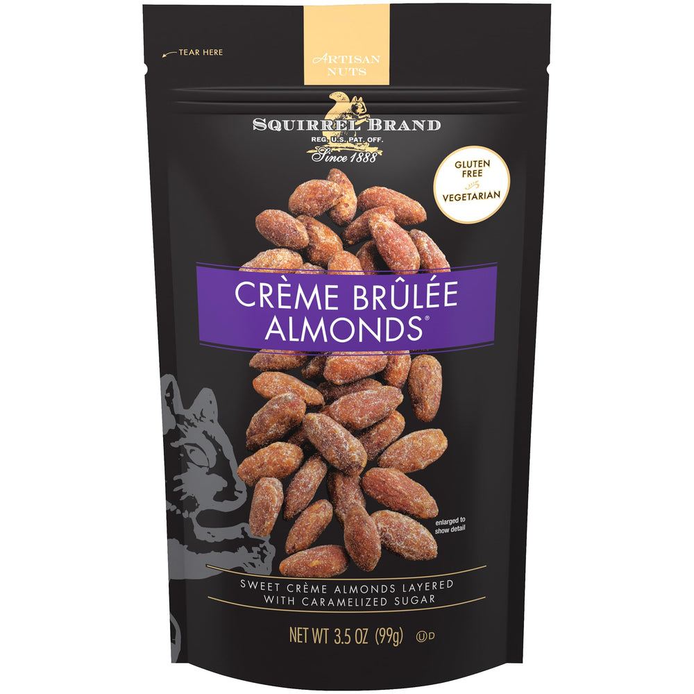 Squirrel Brand Creme Brulee Almonds packaging showcases premium quality and resealability for on-the-go snacking.