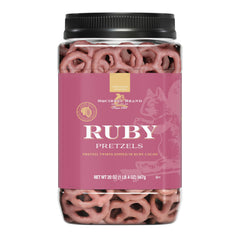 Squirrel Brand Ruby Cacao Pretzel Twists in a resealable jar with premium ruby cacao coating.