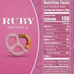Squirrel Brand Ruby Cacao Pretzel Twists jar label close-up highlighting premium ruby coating.