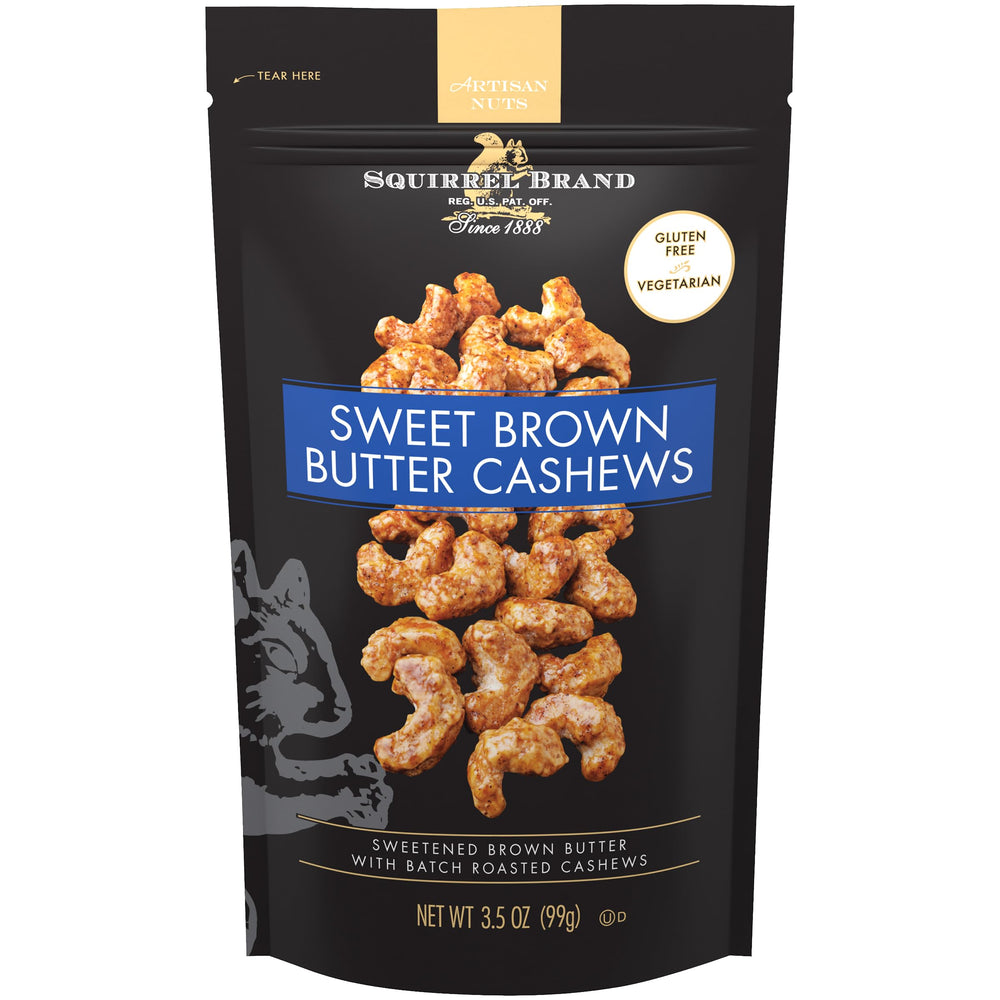 Squirrel Brand Sweet Brown Butter Cashews bag front shows resealable pouch for freshness.