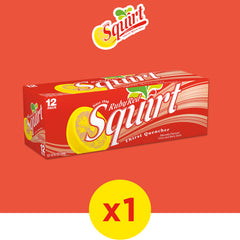 Squirt Ruby Red 12-pack cans stacked in a refrigerator