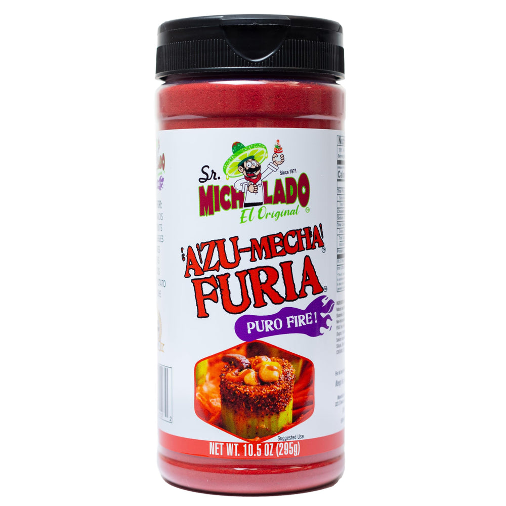 Sr. Michelado Azu-Mecha Furia seasoning bottle close-up for bold snack flavor.