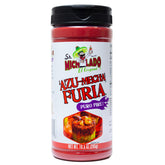 Sr. Michelado Azu-Mecha Furia seasoning bottle close-up for bold snack flavor.