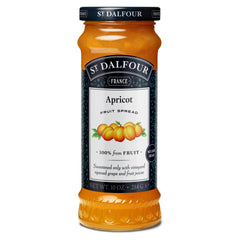 St. Dalfour apricot spread jar close-up showing all-natural ingredients.