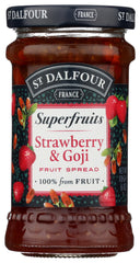 St Dalfour fruit spread superfruit strawberry goji jar closeup highlighting premium ingredients.