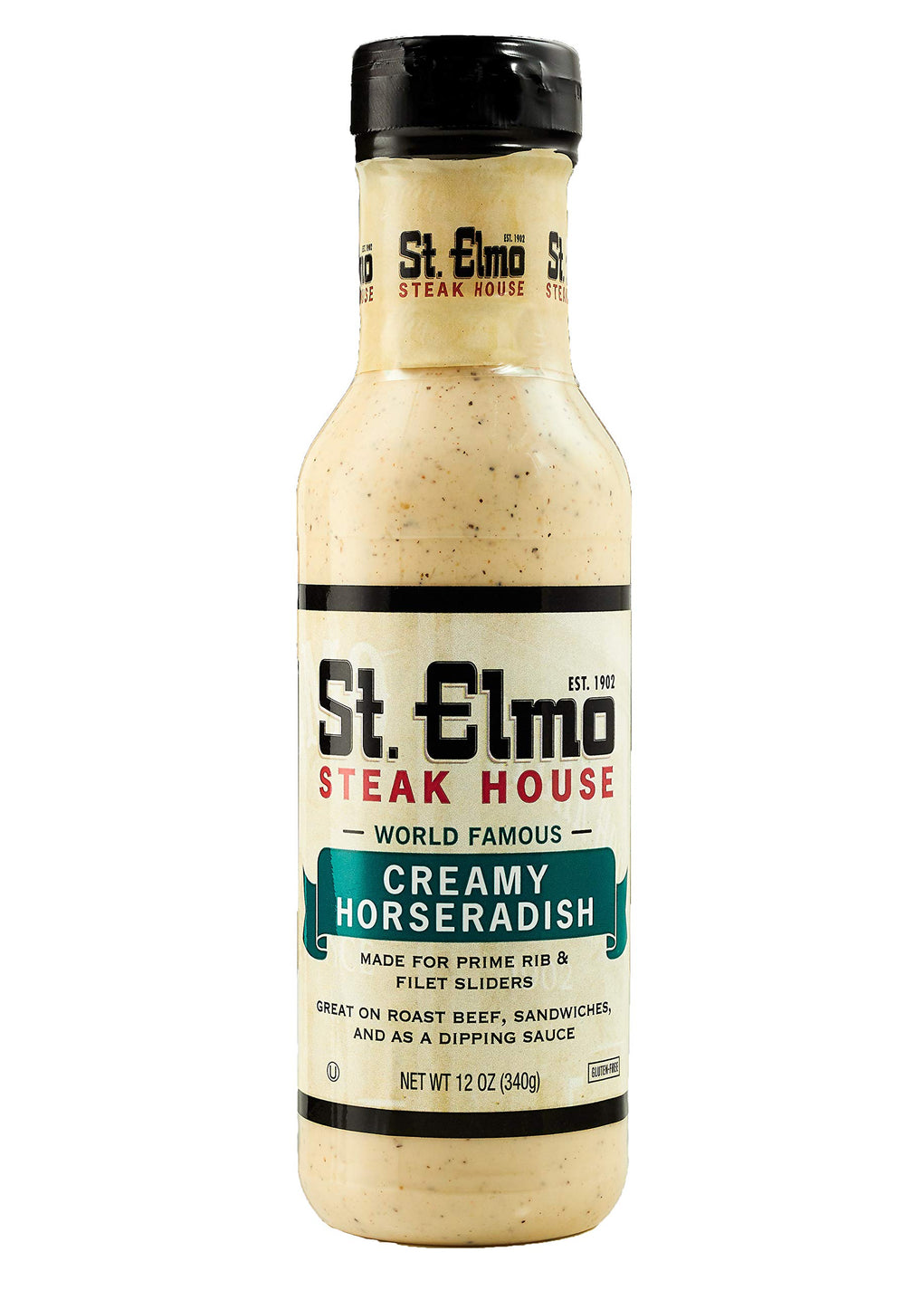 St. Elmo Creamy Horseradish bottle showing bold steak flavor.