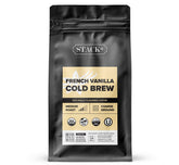 Stack Street Organic French Vanilla Cold Brew coarse ground coffee, 1 lb bag, for flavorful brewing.