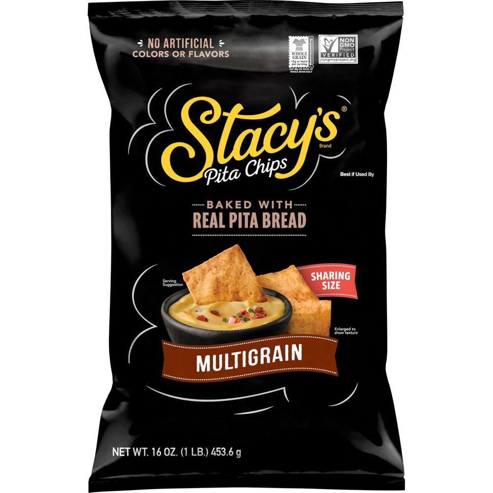 Stacy’s Multigrain Pita Chips bag close-up, crisp texture for dipping and snacking