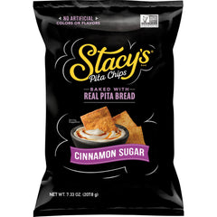 Stacy’s Pita Chips Cinnamon Sugar bag front reveals crispy bites and warm cinnamon aroma for snacking.