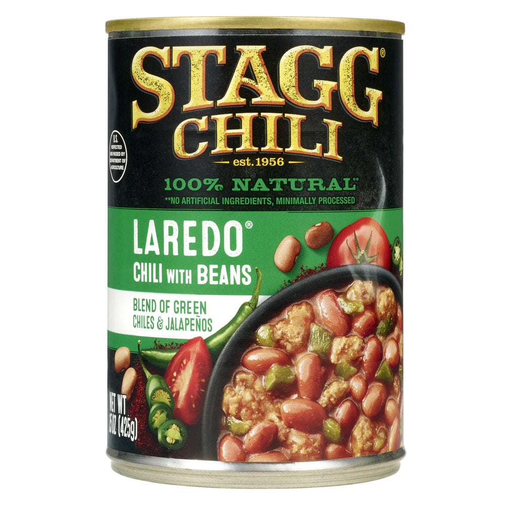 STAGG Laredo Chili with Beans label close-up highlights bold flavor and can size