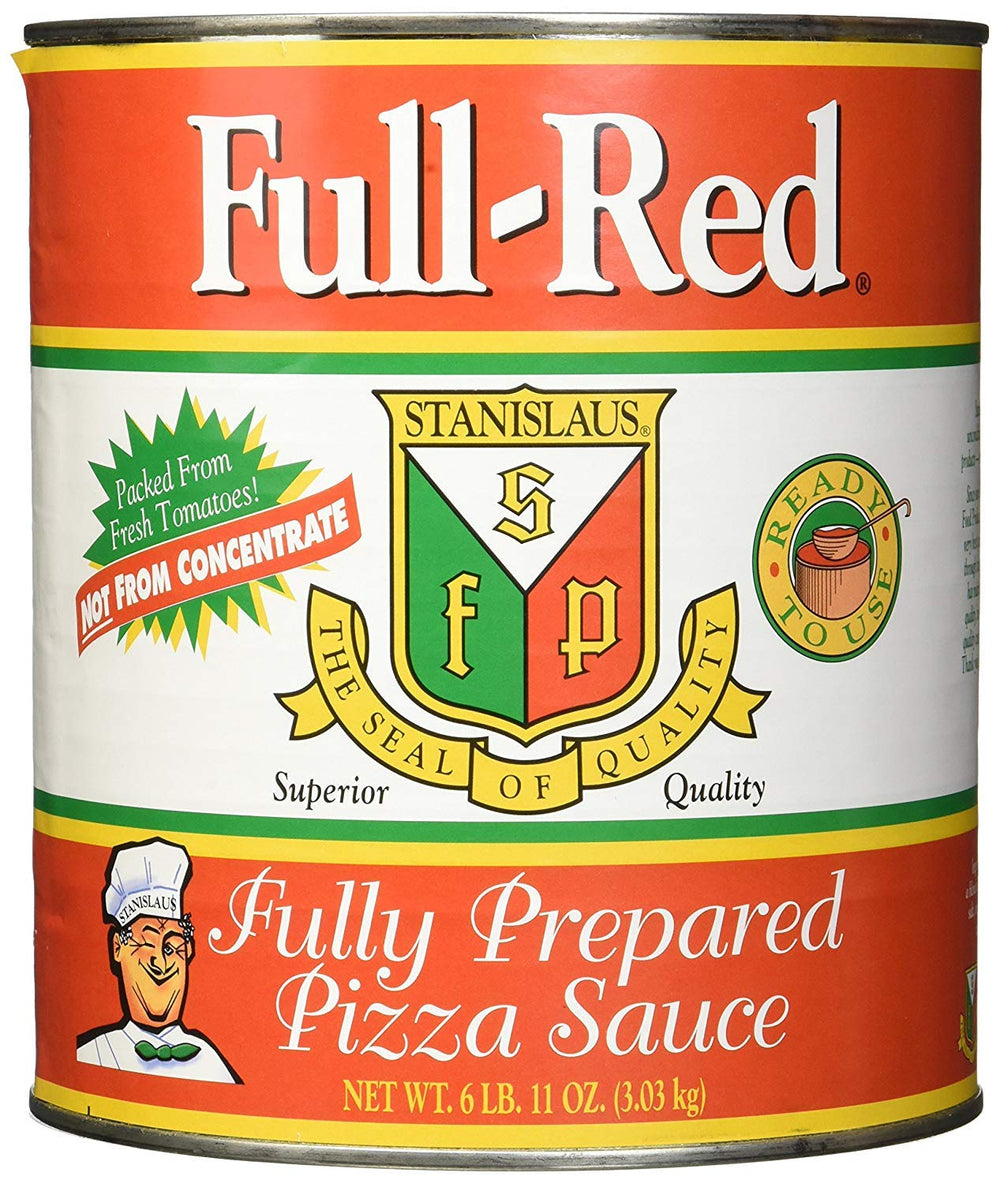 Stanislaus Full Red Pizza Sauce can close-up showing rich texture for quick homemade pizzas