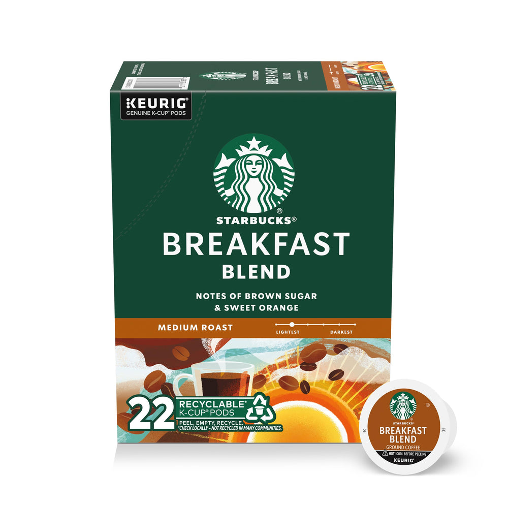 Starbucks Breakfast Blend K-Cup pods for a smooth, approachable morning cup.