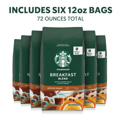 Six-bag pack of Starbucks Breakfast Blend whole bean coffee.